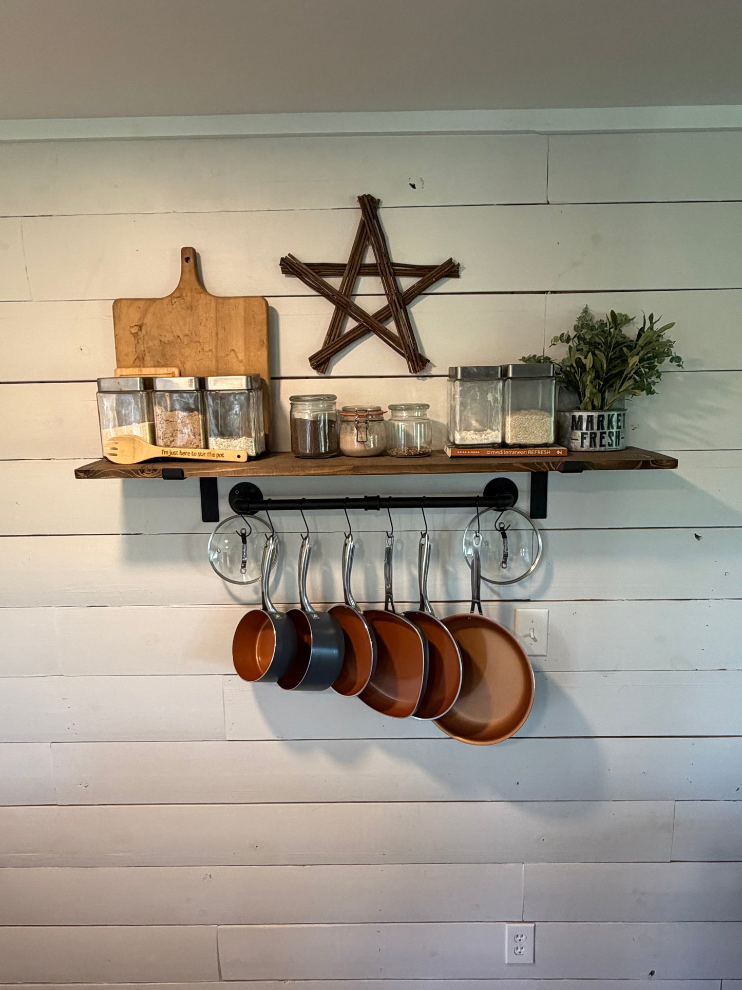 Wall-Mounted Rustic Pot Rack with Wooden Shelf & Hanging Hooks