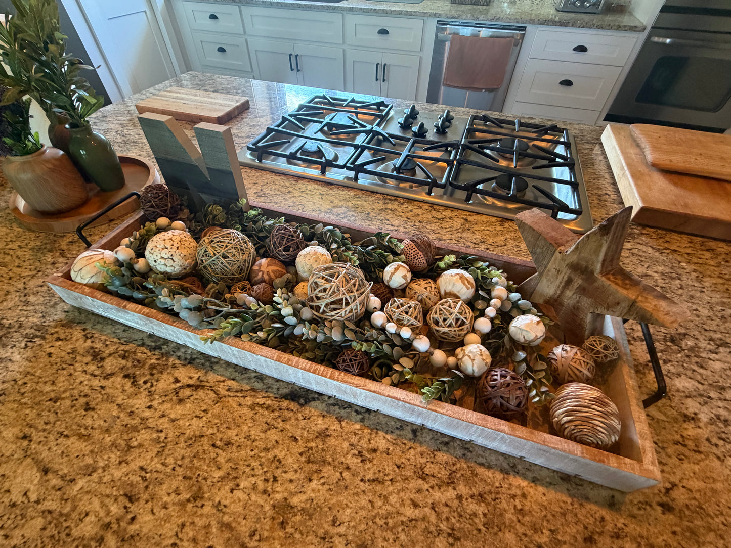 Large Decorative Wooden Serving Tray with Metal Handles
