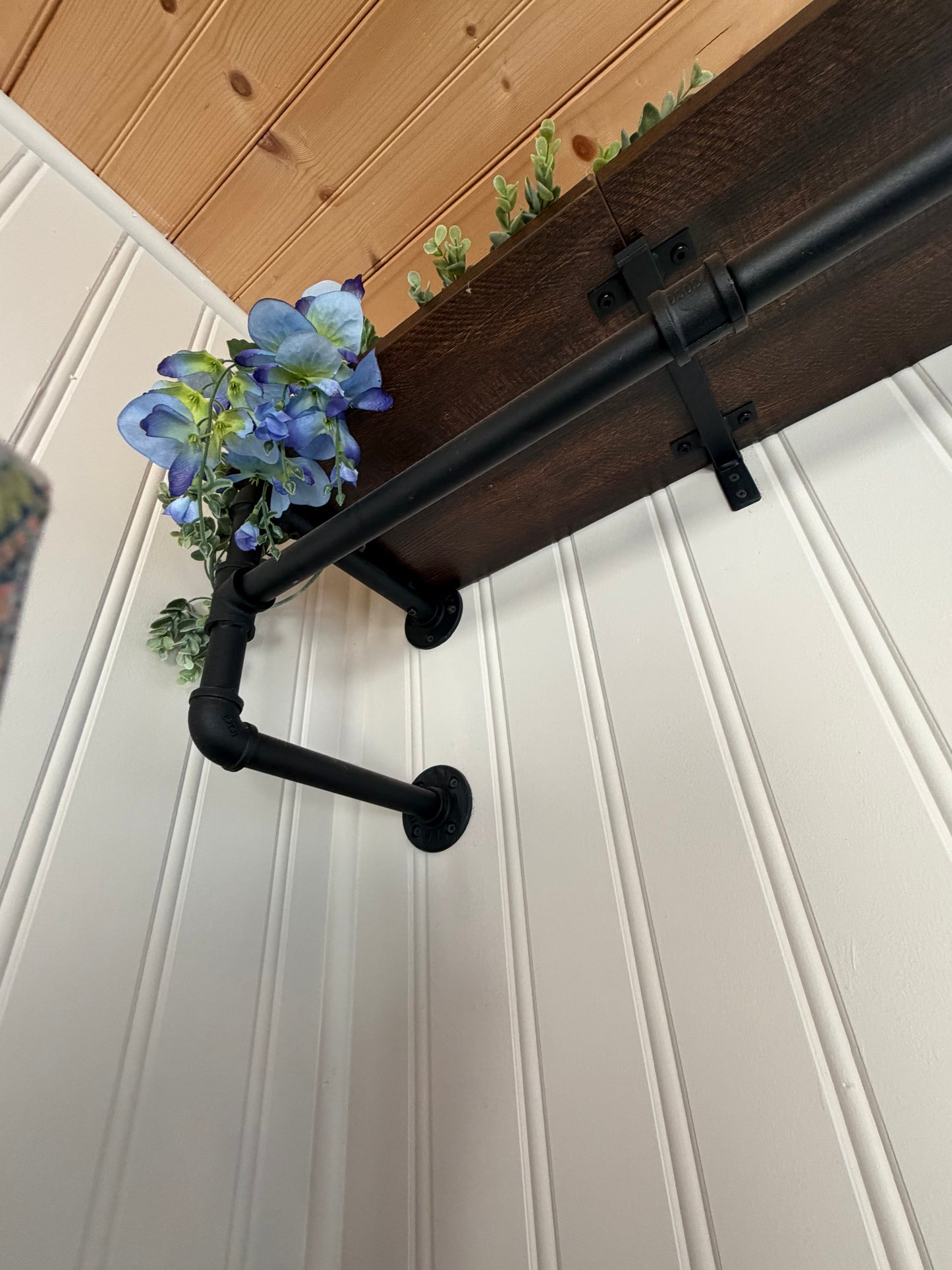 Industrial Pipe Clothing Rack with Wooden Shelf
