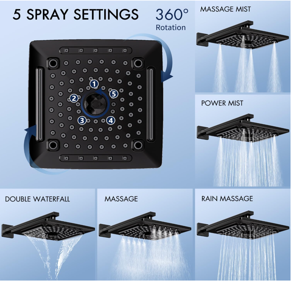 ELLO&ALLO Matte Black Rainfall Shower System with Tub Spout