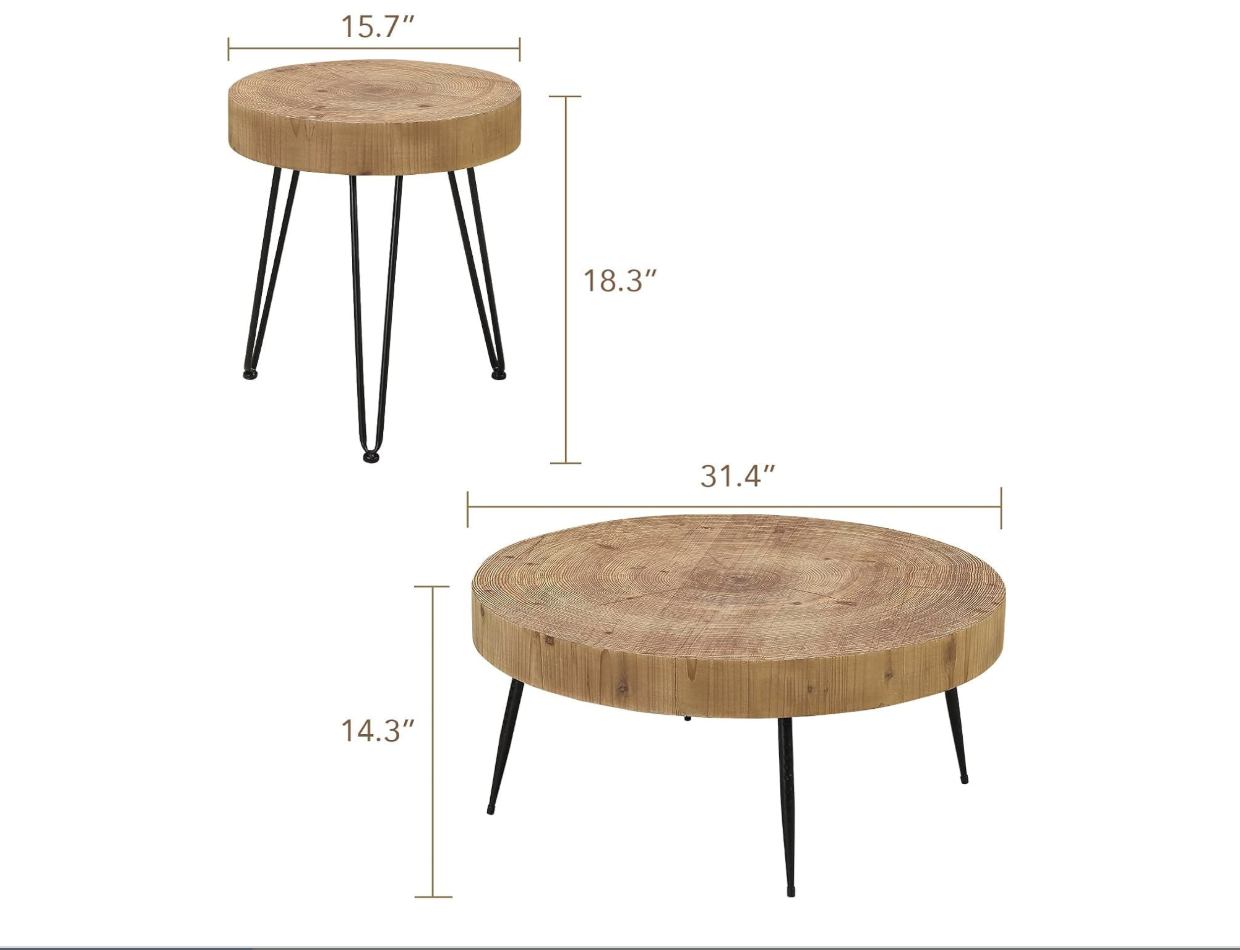 Rustic Round Wood Coffee Table & End Table Set