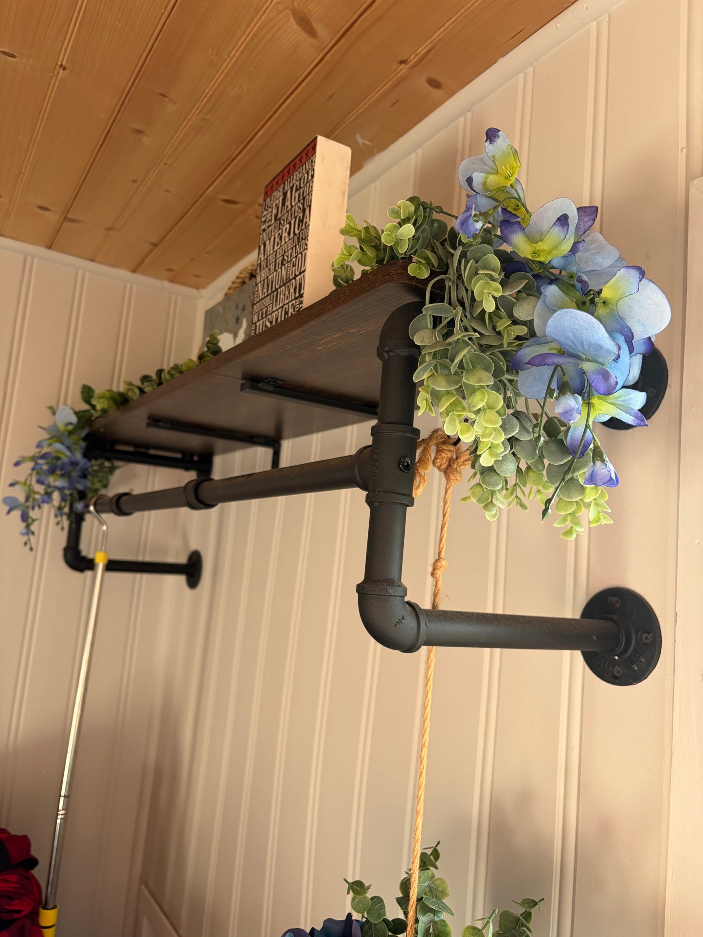 Industrial Pipe Clothing Rack with Wooden Shelf