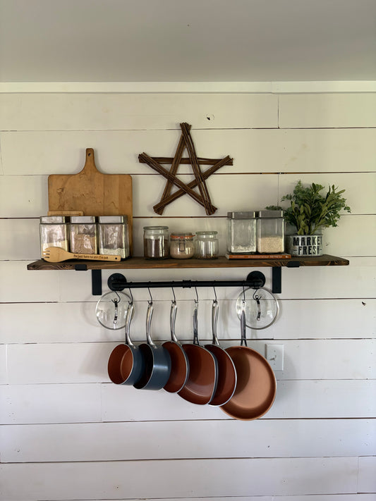 Wall-Mounted Rustic Pot Rack with Wooden Shelf & Hanging Hooks
