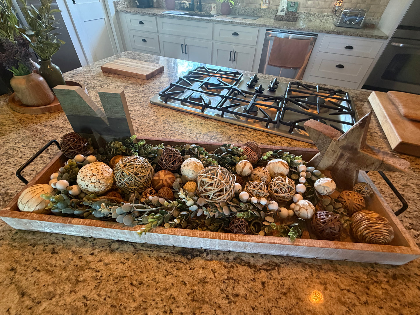 Large Decorative Wooden Serving Tray with Metal Handles