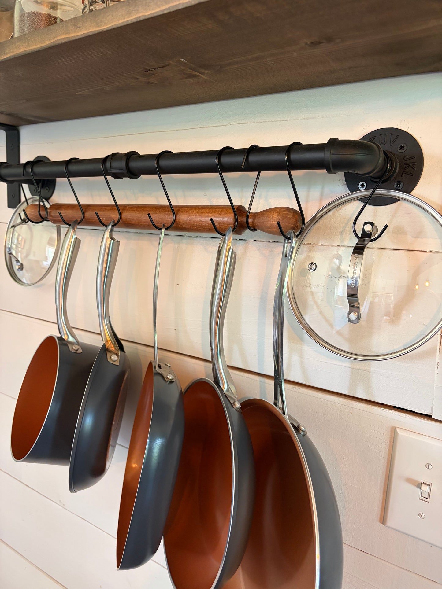 Wall-Mounted Rustic Pot Rack with Wooden Shelf & Hanging Hooks