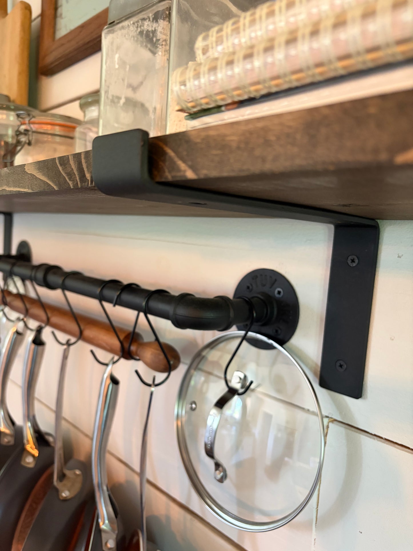 Wall-Mounted Rustic Pot Rack with Wooden Shelf & Hanging Hooks
