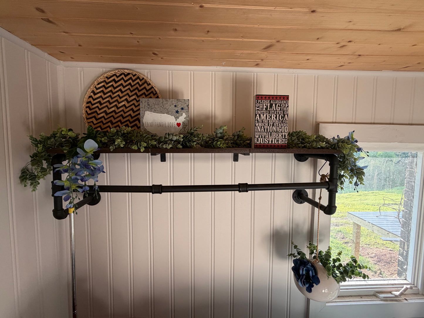 Industrial Pipe Clothing Rack with Wooden Shelf
