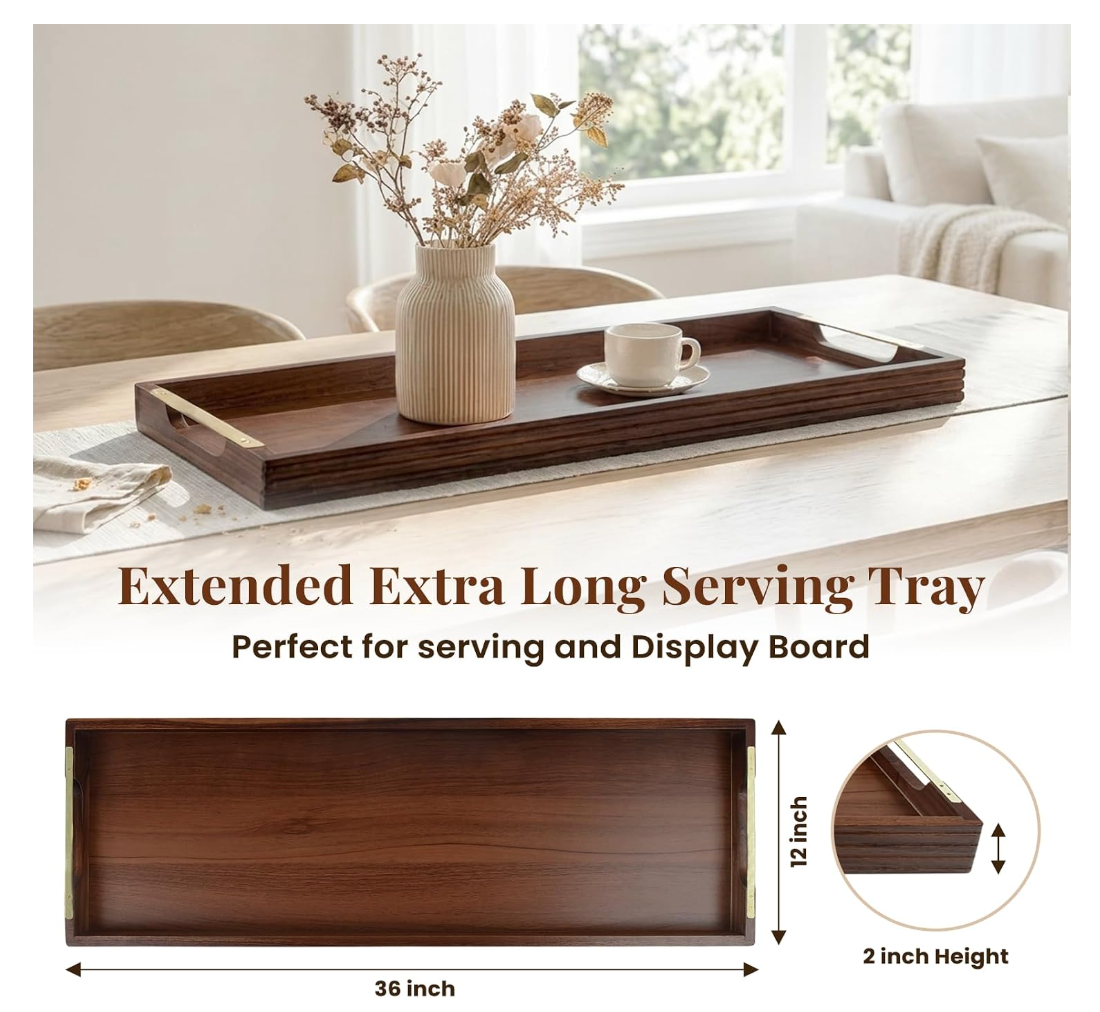 Large Decorative Wooden Serving Tray with Metal Handles