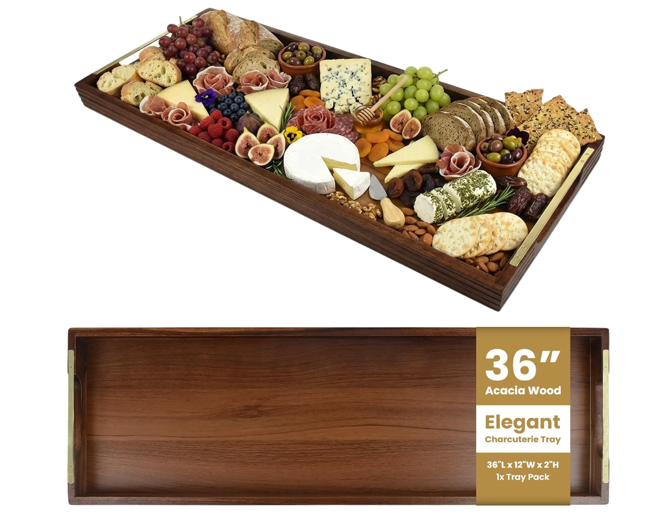 Large Decorative Wooden Serving Tray with Metal Handles