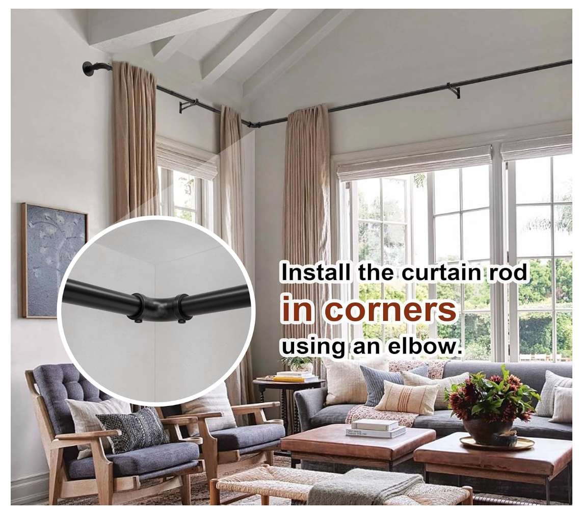 Industrial Black Wrap-Around Curtain Rods | Heavy Duty Adjustable Window Rods