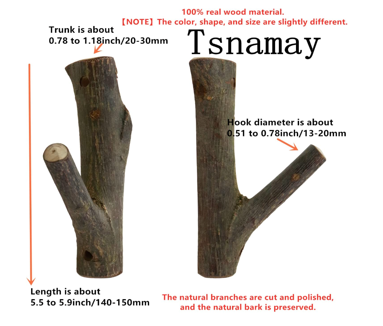 Real Wood Branch Wall Hooks – Set of 4