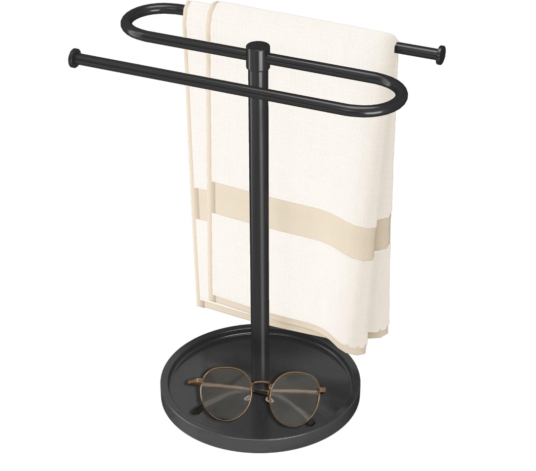 Black countertop hand towel stand with built-in jewelry tray for guest bathroom