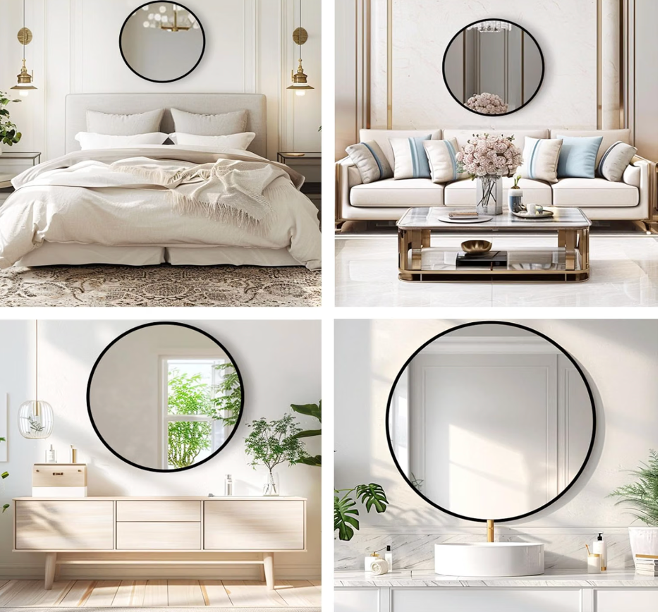 30-inch round black bathroom mirror with slim matte black metal frame