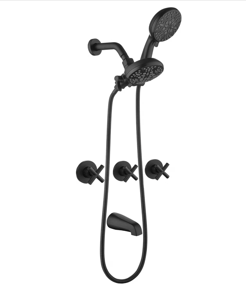 Matte black shower system with fixed and handheld shower heads
