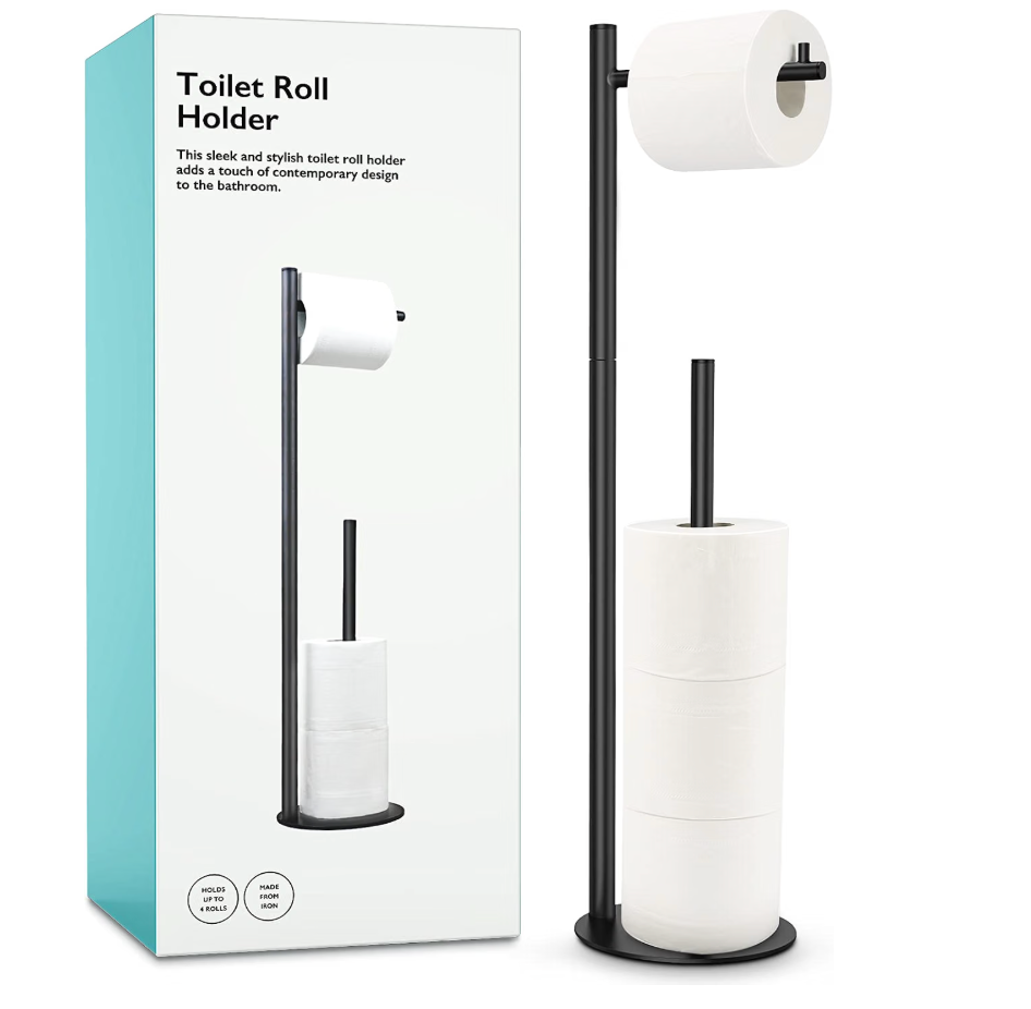 Freestanding black toilet paper holder beside toilet with extra roll storage