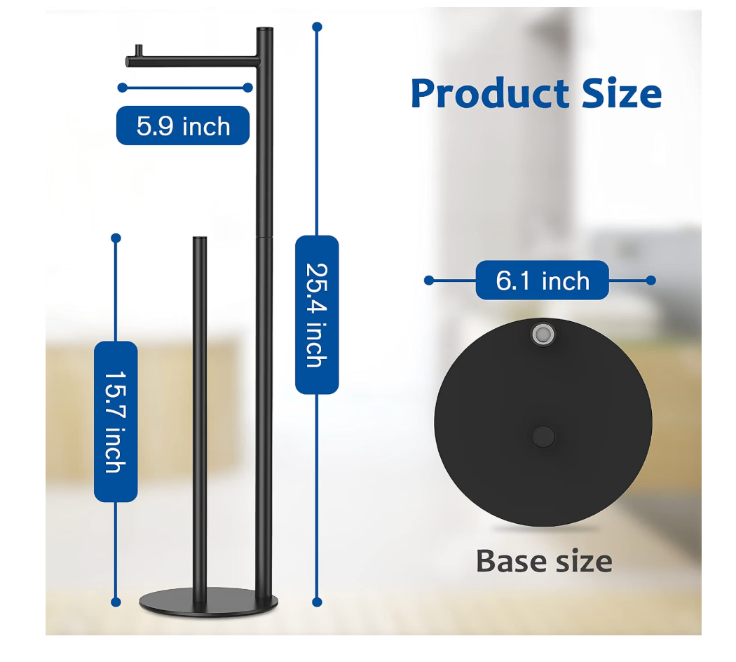 Black freestanding toilet paper holder with storage for three spare rolls